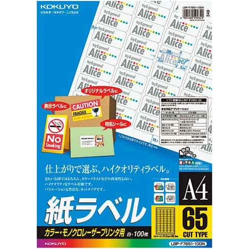 レーザープリンタ用　紙ラベル　Ａ４　６５面１００枚