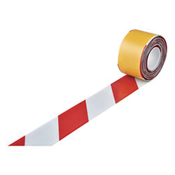 【廃番商品】ラインテープ100mm×10m　白/赤　【緑十字 高耐久ラインテープ 白／赤 ＪＵ−１０１０ＷＲ １００ｍｍ幅×１０ｍ 両端テーパー構造】