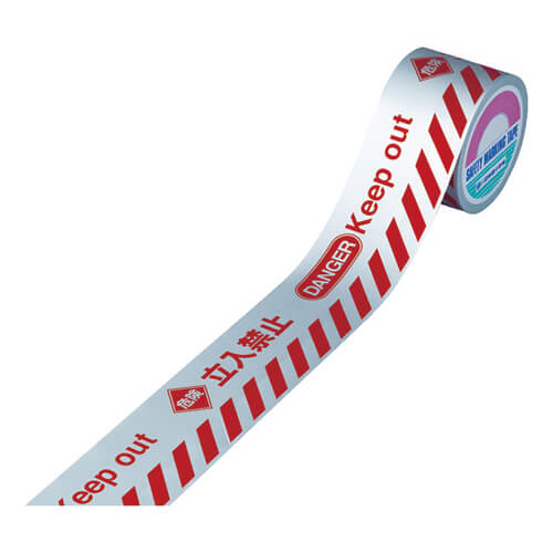 【廃番商品】標識テープ80mm×50m　銀/赤　【緑十字 バリケードテープα（標識テープ） 危険立入禁止 ＢＴ−８０Ｃ ８