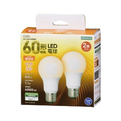ＬＥＤ電球　Ｅ２６　６０形　全方向　電球色　２個入