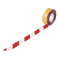 【廃番商品】ラインテープ50mm×10m　白/赤　【緑十字 高耐久ラインテープ 白／赤 ＪＵ−５１０ＷＲ ５０ｍｍ幅×１０ｍ 両端テーパー構造 屋内用】