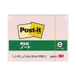 ポストイット　再生紙ノート７５×１００　ピンク１冊